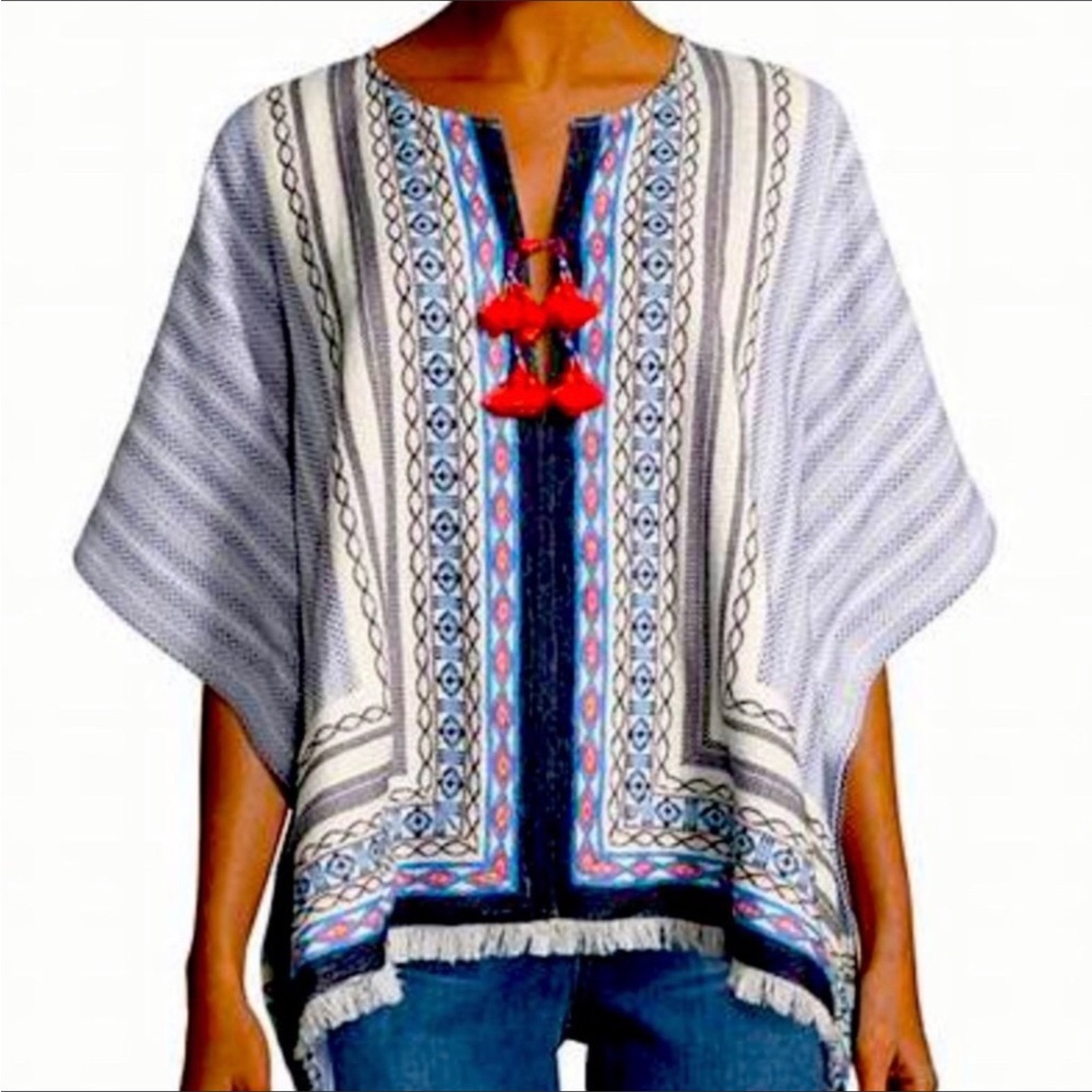 Tory Burch White and Blue Patterned Fringe Poncho Top with Red Tassels